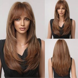 Human hair blend brown with highlight layered wig.